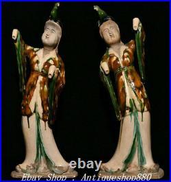 18 Old China Dynasty Tang Sancai Porcelain Palace Maid Beauty Belle Statue Pair