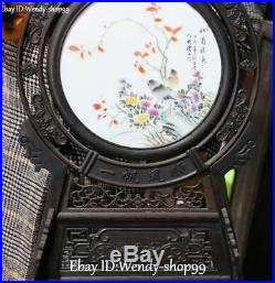 18 Old China Ebony Wood Inlay Porcelain Bird Tree Flower Folding Screen Statue