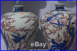 18 Porcelain Ancient Plum Blossom Magpie Birds Flower Vase Bottle Pair Statue