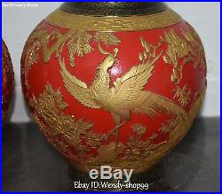 18 Wucai Porcelain 24K Gold Gilt Phoenix Bird Flower Tree Vase Kettle Pot Pair