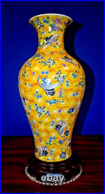 18 YELLOW LUMINOUS CRANE BIRDS CHINESE JINGDEZHEN PORCELAIN VASE WithSTAND 20 IN