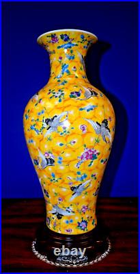 18 YELLOW LUMINOUS CRANE BIRDS CHINESE JINGDEZHEN PORCELAIN VASE WithSTAND 20 IN