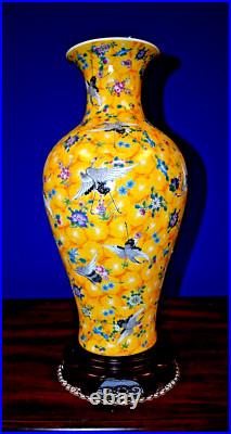 18 YELLOW LUMINOUS CRANE BIRDS CHINESE JINGDEZHEN PORCELAIN VASE WithSTAND 20 IN