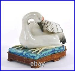 1920's Chinese Famille Rose Robin's Egg Porcelain Crane Figure Wood Stand AS IS