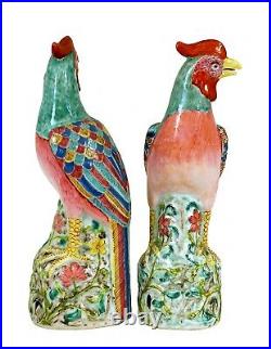 1930's 2 Chinese Export Famille Rose Porcelain Phoenix Bird Statute Marked