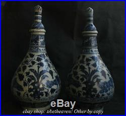 19Old China Blue White Porcelain Dynasty Bird Flower Turriform Bottle Vase Pair