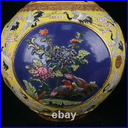 19.2 Qianlong Marked Famile Rose Porcelain Crane Birds Flower Bottle Vase Pair