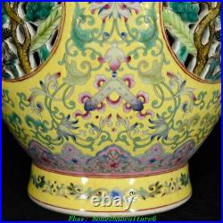 19 Enamel Colour Porcelain Crane Birds Pine Tree Hollow Flower Bottle Vase Pair