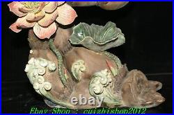 19 Old Chinese Wucai Porcelain Emboss Lotus Flower Bird lotus Root Art Statue