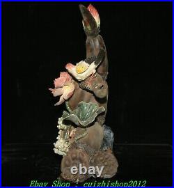 19 Old Chinese Wucai Porcelain Emboss Lotus Flower Bird lotus Root Art Statue