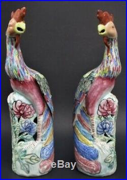 19th c- Large Rare Genuine Antique Chinese Porcelain Phoenix Bird Figures Pair