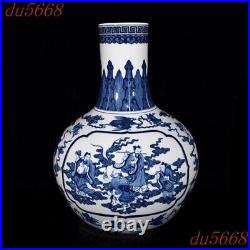 20.8China ancient Blue&white porcelain bird people Bottle Pot Vase Jar Statue