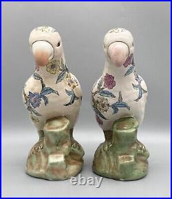 20th Century Hand-Painted Porcelain Famille Rose Style Parrots a Pair