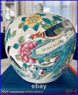 20th Century Vintage Chinese Paradise Birds Hand Painted Porcelain Melon Jar