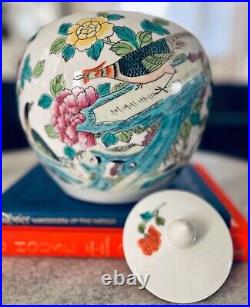 20th Century Vintage Chinese Paradise Birds Hand Painted Porcelain Melon Jar