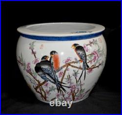 20th Chinese Signed Studio Seal Fish Bowl Scholar Water Pot Planter Bird 14.5