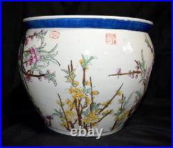 20th Chinese Signed Studio Seal Fish Bowl Scholar Water Pot Planter Bird 14.5