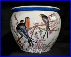 20th Chinese Signed Studio Seal Fish Bowl Scholar Water Pot Planter Bird 14.5