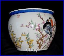 20th Chinese Signed Studio Seal Fish Bowl Scholar Water Pot Planter Bird 14.5