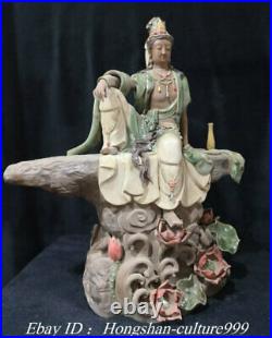 22Large Size Chian Shiwan Porcelain Free Lotus Kwan-yin Godness Buddha Statue