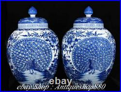23 China White Blue Porcelain Peacock Peahen Bird Peony Pot Jar Crock Pair
