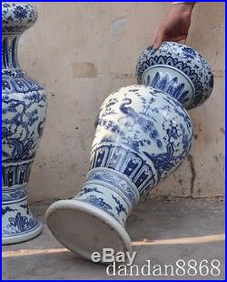 23china old Blue and white porcelain lotus bird statue vase bottle jar pot pair
