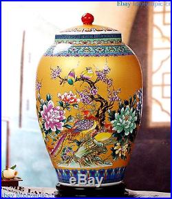 24 China fine enamel golden porcelain carved flower bird pot Jar Vase Statue