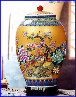 24 China fine enamel golden porcelain carved flower bird pot Jar Vase Statue