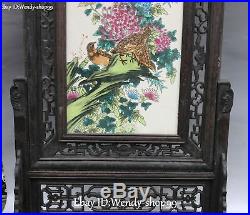 24 Old Ebony Wood Inlay Porcelain Magpie Bird Flower Folding Screen Statue