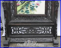 24 Old Ebony Wood Inlay Porcelain Magpie Bird Flower Folding Screen Statue