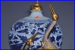 25'' chinese blue and white porcelain copper enamel bird crane jar vase statue