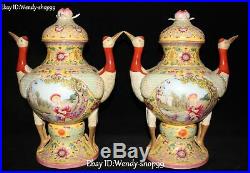 27 Enamel Porcelain Peach Crane Bird Beauty Woman Kid Tank Pot Jar Crock Pair