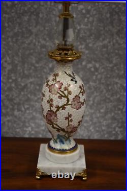 27 Vintage Beijing Cherry Blossom Cloisonne Vase Lamp Marble Base Glass Neck