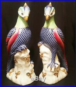 2 COCKATOO vtg italian art porcelain exotic bird statue gold painting sculpture