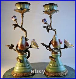 2 Mark Roberts Porcelain & Bronze Birds Flowers Candlesticks Candelabras 11 in