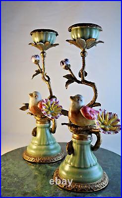 2 Mark Roberts Porcelain & Bronze Birds Flowers Candlesticks Candelabras 11 in