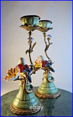 2 Mark Roberts Porcelain & Bronze Birds Flowers Candlesticks Candelabras 11 in