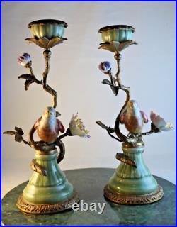 2 Mark Roberts Porcelain & Bronze Birds Flowers Candlesticks Candelabras 11 in