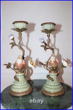 2 Mark Roberts Porcelain & Bronze Birds Flowers Candlesticks Candelabras 11 in