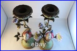 2 Mark Roberts Porcelain & Bronze Birds Flowers Candlesticks Candelabras 11 in