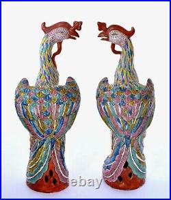 2 Old Chinese Export Famille Rose Porcelain Phoenix Bird Figurine Marked