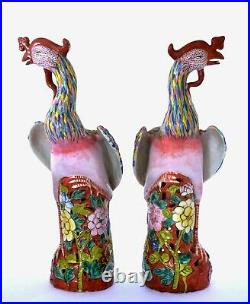 2 Old Chinese Export Famille Rose Porcelain Phoenix Bird Figurine Marked