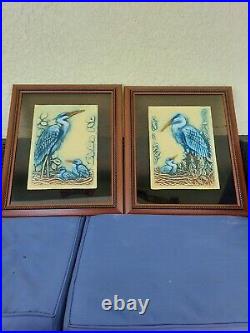 2-PORCELAIN CERAMIC FRAMED Raised Relief BLUE HERON BIRDS -24x19-signed Pandy