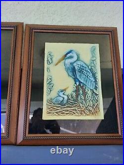 2-PORCELAIN CERAMIC FRAMED Raised Relief BLUE HERON BIRDS -24x19-signed Pandy