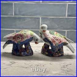 2 Vintage Chinese Porcelain Dove Bird Figurines with Tobacco Leaf Design