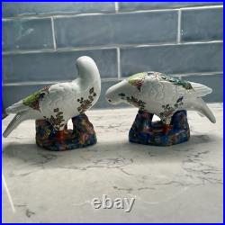 2 Vintage Chinese Porcelain Dove Bird Figurines with Tobacco Leaf Design