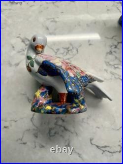 2 Vintage Chinese Porcelain Dove Bird Figurines with Tobacco Leaf Design