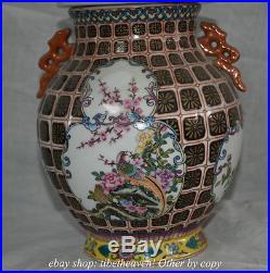 33CM Chinese Colour Enamels Porcelain Dynasty Flower Bird Handle General Tank