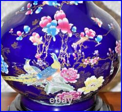 33 Chinese Porcelain Vase Lamp Saphire Blue Bird And Flower Design Jingdezhen