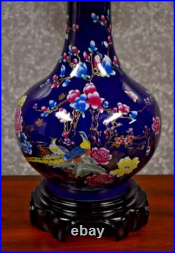 33 Chinese Porcelain Vase Lamp Saphire Blue Bird And Flower Design Jingdezhen